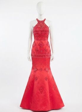 NEW RACHEL ALLAN matte satin halter beaded mermaid prom gown in red